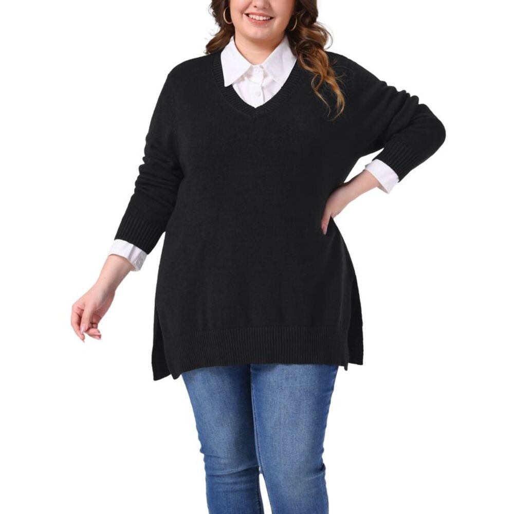 Plus Size V Neck Long Sleeve Pullover Slit Hem Knit Fall Blouse Black
